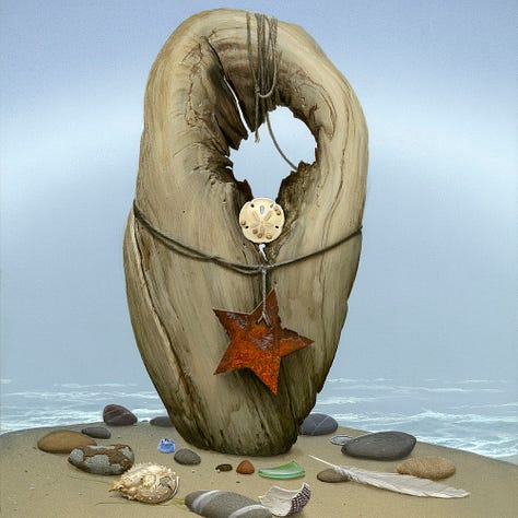 LEFT: Detail from TOTEM II: NAUSET featuring driftwood standing upright on a beach back by mist and a fogbow, an arc of silver. CENTER: Close detail from TOTEM II: NAUSET featuring a sand dollar shell wedged in a gap of driftwood. A rusty 5-pointed star hang from a rope wrapped around the driftwood. RIGHT: Close detail from TOTEM II: NAUSET featuring a variety of stones from smooth gray to textured like coral alongside green glass and a white feather on the smooth wet sand.