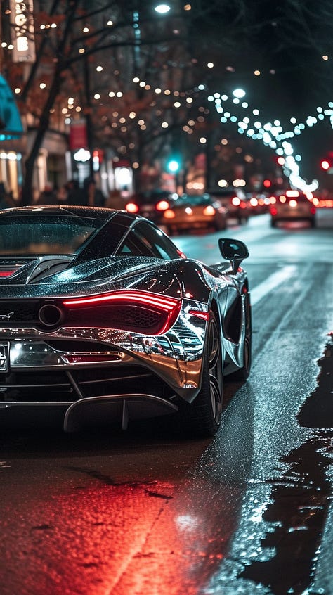 Shiny sports car under city lights