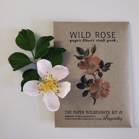 Pictures of wild rose and bluebell Craftkits showing the completed paper flowers