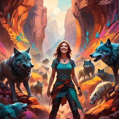  Prompt: Woman smiling in a colorful canyon with wolves ready to attack behind herClockwise from top left: Night Cafe, Night Cafe, DALL-E 3, Firefly/Adobe, WePik, Fotor