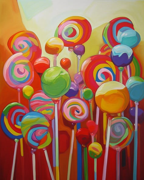 Brightly colored fantasy lollipops and flowers