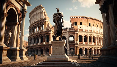 Midjourney prompt: all roads lead to rome during roman empire era triumphant volumetric