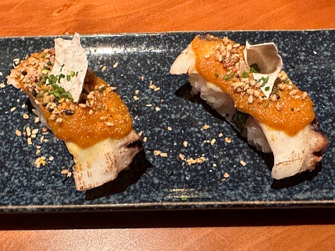 Three photos of nigiri with seafood and little details such as bonito flakes and sesame on top of a bite of marinated sushi rice.