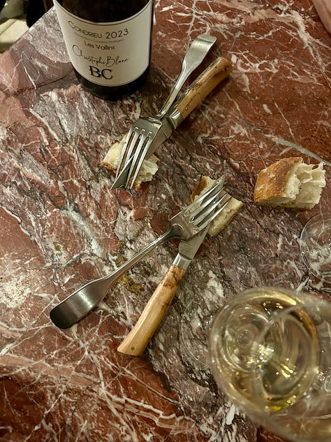 From left, showing the components of a knife making workshop--wood, blades and tools. Then the final product from a knife-making workshop in Lyon, France--beautifully polished knives.