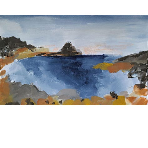 Timed paintings of coastal landscapes in acrylic gouache