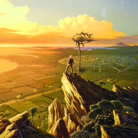 LEFT: Detail from DESTINY'S ROAD featuring aman standing on a rock outcrop overlooking a long road that leads through farmland and into a spiral that winds through a densely populated settlement.  CENTER: Closer detail from DESTINY'S ROAD featuring the figure poised at the mountaintop facing the sunset to the left. A tall tree with bristled top rises in front of billowing clouds. The road ends in a spiral to form a city.  RIGHT: Background detail from DESTINY'S ROAD featuring flying alien creatures soaring over the road as it is surrounded by farm plots.