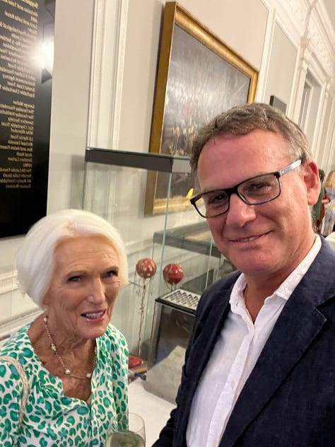 People at an awards ceremony including TV chef Mary Berry, and a picture of the audience. Also a glass of gin and tonice and a man waving in the street waiting to enter the awards.