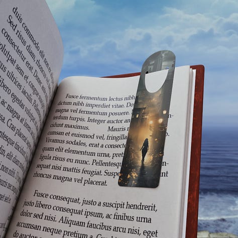 A collection of metal bookmarks featuring images with an urban fantasy feel