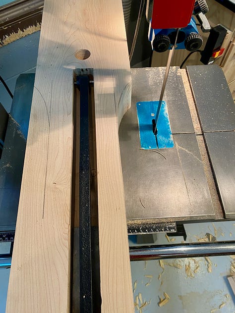 Leg vice chop being shaped on the bandsaw, the sliding deadman shaped, and the vice installed.