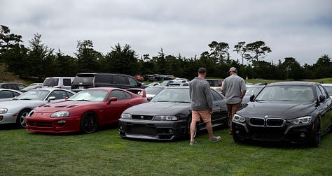 Photos of Japanese sports cars such as the Lexus LFA, Acura NSX and Nissan Skyline GT-R shown on the lawn of the Pebble Beach Classic Car Forum during Car Week 2024.