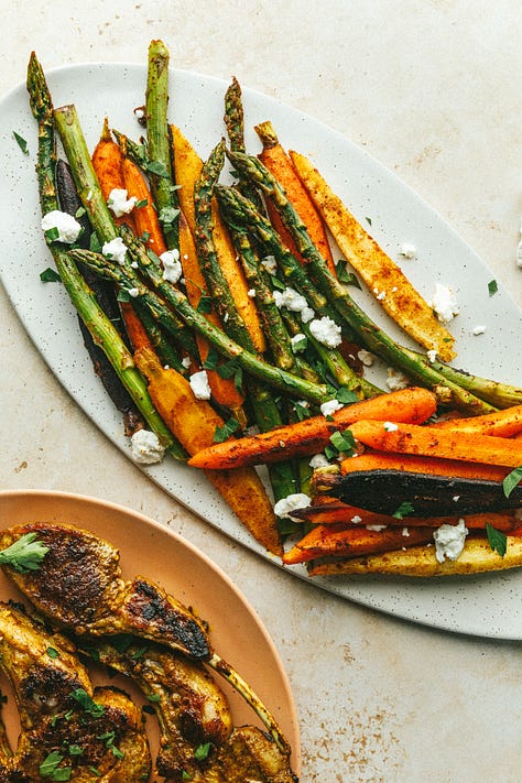 Hibiscus lemonade, citrus soy miso pork tenderloin, roasted carrots and asparagus, shawarma-seasoned lamb chops, BLT deviled eggs, and Bundt pound cake.