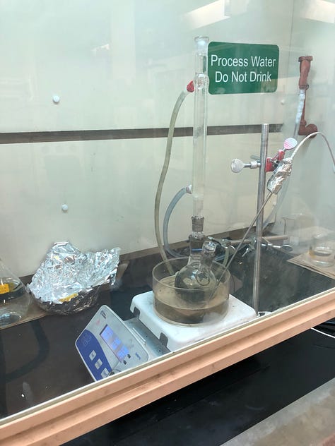 Dispersing carbon black + graphene in with ultrasonic sound waves, Heating & stirring the carbon mixture + the platinum and cobalt, Catalyst ink cooling down from the oil bath (Left to Right)