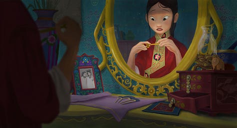 Images of people in creative settings, with Asian characters of family and a tiger