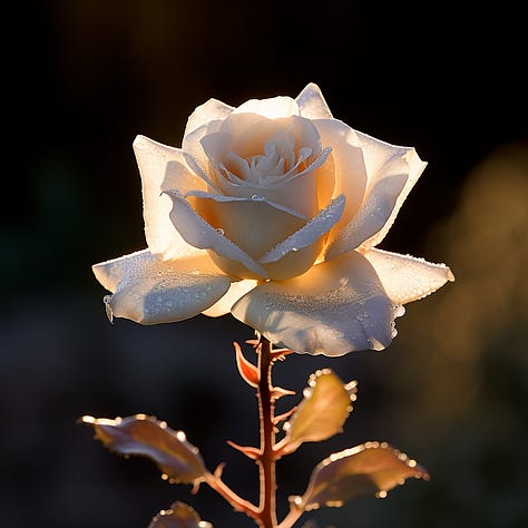 Photo of a woman, teddy bear, and rose, backlit