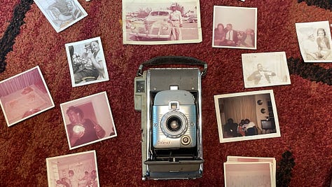 — my mom as a baby (top left), my maternal grandfather's old polaroids and camera (top middle), me and my granddad (top right), my paternal grandmother (bottom left), a letter from my mom's foster dad (bottom middle), a photo of my mom and my grandparents (bottom right)