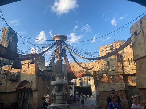 1 & 2: Advertisements on the walls in Disney's Animal Kingdom: Africa; 3 - comms tower in Black Spire Outpost; 4 - Aurebesh chalkboard in Oga's cantina; 5 - Bobbins on a wall in a shop; 6 - mobile toys hanging from a shop ceiling; 7 - Cinderella fountain in Fantasyland; 8 - Stone covered with Norse runes in EPCOT; 9 - pictures embedded in the paving stones in DAK