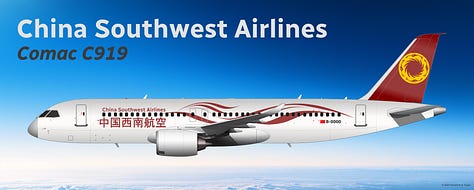 The current China Southwest Airlines fleet: 1) Comac C919, 2) Airbus A321LR, 3) Airbus A320neo, 4) Airbus A320-200, 5) Aria T102 Transonic, 6) Airbus A319-100.