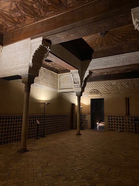 9 photos showing various views of interior parts of the Alhambra. Details of the Islamic calligraphic writing and various patterns carved into the walls.