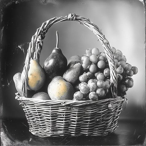 Fox, fruit basket, shooting stars, daguerreotype in Midjourney