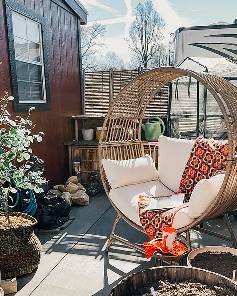 A few of our patio zones: Dining, Lounge, Zen, Plants