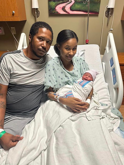 Sunderia Steptoe,Kentyra Richard and Kevin Joseph, and Latrinda Sanford hold new borns. First babies of 2023