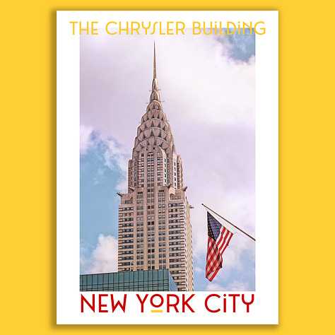 A selection of posters of Art Deco skyscrapers on colourful backgrounds. Empire State Building, The Chanin, The Chrysler, General Electric Building and Atlas, Rockefeller Plaza