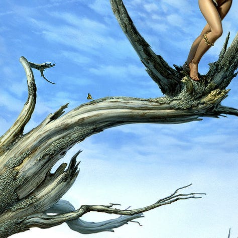 LEFT: Close detail from THE END OF NATURE V featuring the gnarled branches of a dead tree. Most of the bark has peeled off exposing the dry, bleached wood underneath. Set against blue sky a butterfly spreads its wings in profile hovering just above the branch. CENTER: Detail from THE END OF NATURE V of a woman wearing only a few small pieces of jewelry framed by the V-shaped limbs of a dead tree. A small owl skull hands on a necklace around her neck. A gold beaded chain wraps one calm and another anklet can barely be seen on her back foot as she leans all of her weight forward. Her arms are stretched wide as she grips white silk sashes wrapped around the dry, bleached branches where they extend outward in a V. RIGHT: Close detail from THE END OF NATURE V featuring the top of the panel where a woman with tousled blonde hair is set against blue sky and thin cloud cover. Her arms are stretched wide as she grips white silk sashes wrapped around the dead and bleached branches where they part wide in a V. Circles of gold are patterned on the cloth. A small owl skull hangs on a necklace that rests on her bare chest. A rusted metal star blown by the breeze is tangled on a long ribbon caught in the smaller branches above the sash on her left.