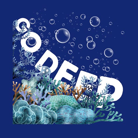 Autism affirming designs: "Go Deep" written within aquarium graphics. "Curator of museums" with graphics of museum items such as geodes and fossils. "Talk Special Interests to Me" written in a circle, punctuated by comic-style pouty lips.