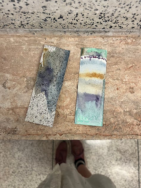 1-2. Exploring the pots of local colour by painting on small strips of paper to create my own Walthamstow artwork; 3. Other experimental colour samples presented carefully on the wall.