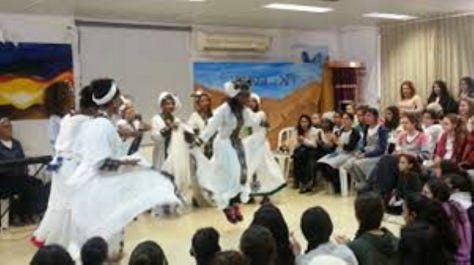 Left: Bnei Akiva girls dancing with Israeli flags; center: Ethiopian-Israeli girls dancing; right: 3 boys playing trumpet