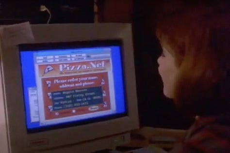 A computer displaying a pizza.net online pizza ordering system, and the resulting pizza, in The Net (1995) movie with Sandra Bullock  | Film Flavor: A Newsletter Surveying Food in Film