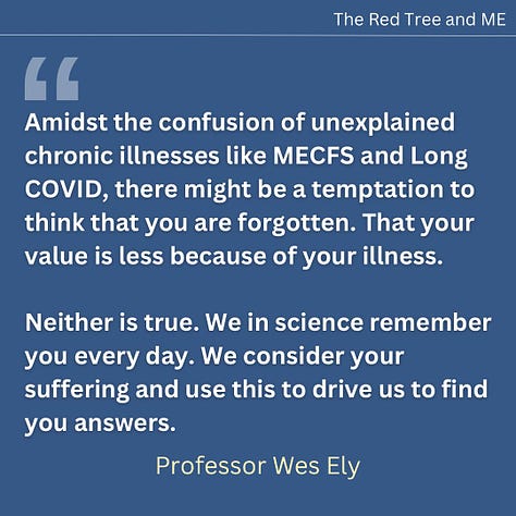 Amidst the confusion of unexplained chronic illnesses like MECFS and Long COVID, there might be a temptation to think that you are forgotten. That your value is less because of your illness.  Neither is true. We in science remember you every day. We consider your suffering and use this to drive us to find you answers. You are a priceless human being, and no amount of disease or disability from your illness has or ever will diminish your value. Always remember please that you are enough, and that I and our team of clinicians and researchers care about your recovery and well-being.  All love, Wes