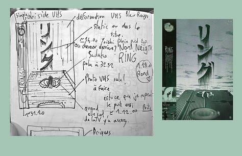 visual references of Gokaiju's sketchbooking process next to the finished pieces. Small messy thumbnail illustrations with arrows pointing to scribbled notes in French.