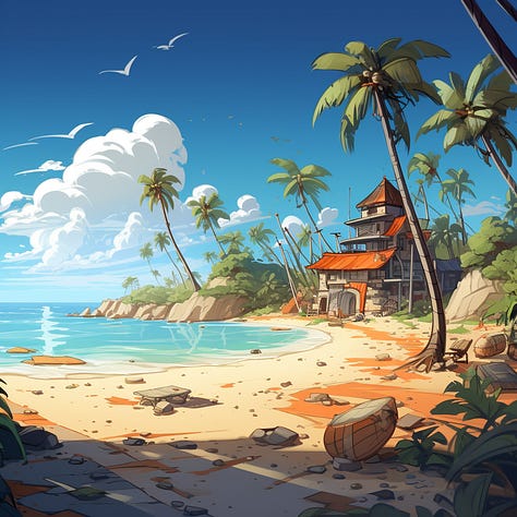 Midjourney results for the prompt with cartooncore + tower, laser, and beach