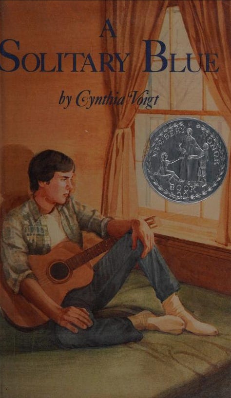 Cover images: The Winds of Time by Barbara Corcoran--a girl holding a cat walking through a spooky forest / A Solitary Blue by Cynthia Voight--a boy with a guitar by a window / The Pinalls by Betsy Byars--three kids sitting on a porch