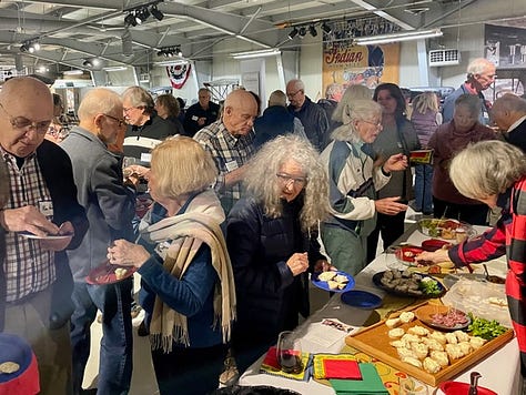 Photos of people socializing at a museum event filled with antique cars