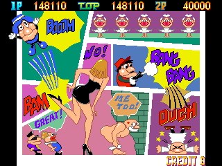Three screenshots from the original Pipi & Bibi's arcade game. The first features art from the game, showing off some of the weird little guys as well as a comparatively very tall and normally drawn woman in a skimpy, tight dress. The second shows a muscled man mooning the player's character for daring to get near him, while a bunch of weird little guys walk around the stage. The third shows off a comic-style explosion that says "BOM" in the middle, while some weird little guys await the coming explosion.