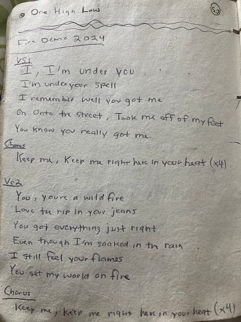 Freddy Matthews songwriter notebook. Original song "Fire" lyrics in development. The songwriter's notebook.