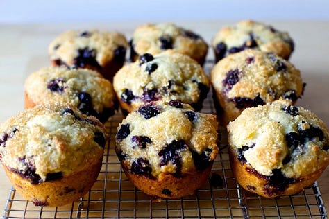 photos of french onion baked lentils and farro, ultimate banana bread, and perfect blueberry muffins