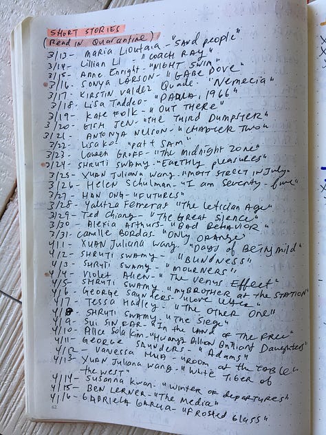 Hand-written lists of stories and poems read