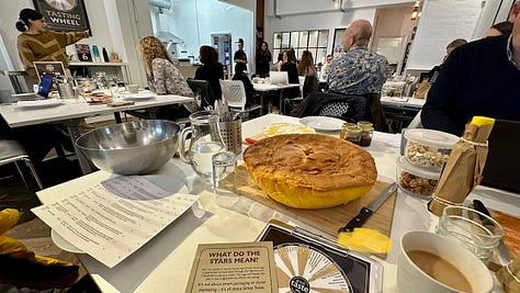 Charts showing great taste judging; a pie waiting to be to tasted with other judges in the background; the frontage of the offices in London, Great Taste Awards