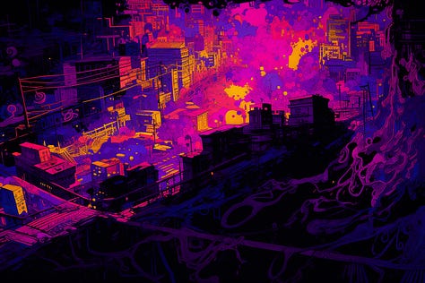 Random styles from the Midjourney Style Tuner, applied to "blacklight cityscape"