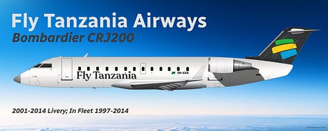 A selection of former aircraft used by Swahili Coast Airlines and its immediate predecessor, Fly Tanzania Airways: 1) Douglas DC-9-30, 2) Fokker F27 Friendship, 3) de Havilland DHC-6 Twin Otter, 4) Bombardier CRJ200, 5) Bombardier Dash 8 Q300, and 6) Cessna 208B Grand Caravan - all shown in side view.A selection of former aircraft used by Swahili Coast Airlines and its immediate predecessor, Fly Tanzania Airways: 1) Douglas DC-9-30, 2) Fokker F27 Friendship, 3) de Havilland DHC-6 Twin Otter, 4) Bombardier CRJ200, 5) Bombardier Dash 8 Q300, and 6) Cessna 208B Grand Caravan - all shown in side view.