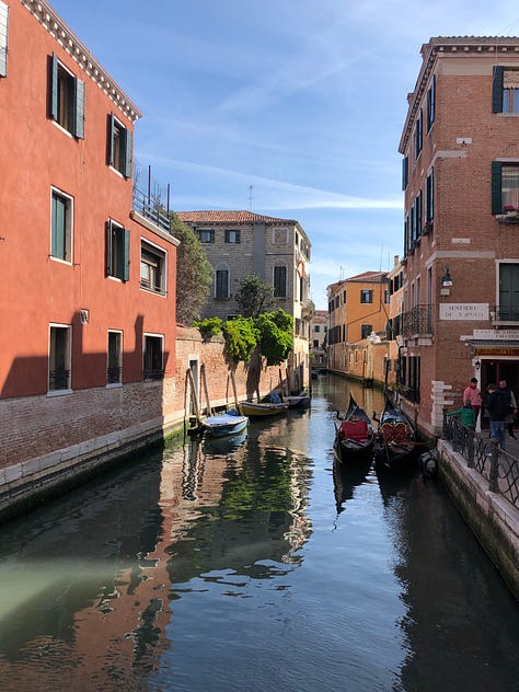 Pictures of Venetian canals and buildings, as well as details from the trip like a meal, a chandelier, and a picture of the water.