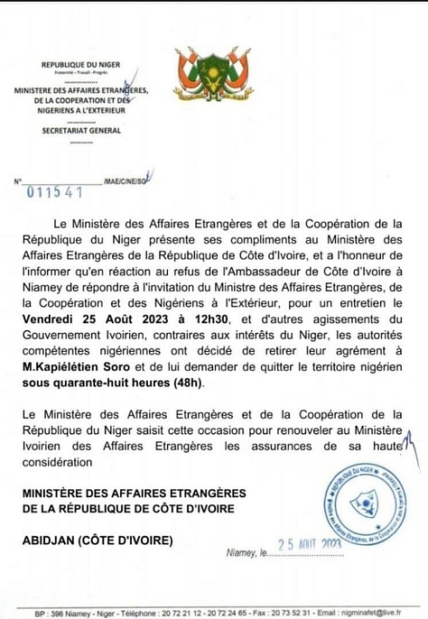Series of expulsion notices for the French, German, Nigerian, American, and Ivory Coast ambassadors