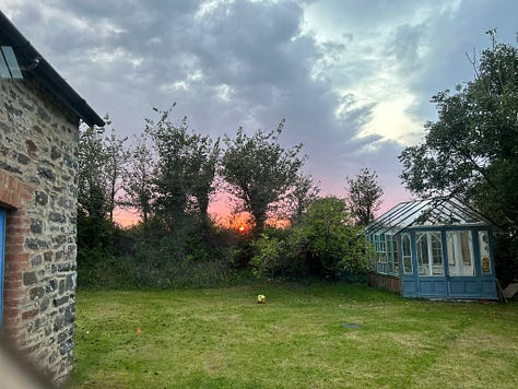 Sunset sky with a garden in the foreground, a blue shed to the right. A Black woman's hands holding a handmade cardboard loom with yellow wool. A floral mandala arrangement. A group of women sit in a circle in a barn. One woman is standing and gesturing widely (white, shoulder length brown hair, wearing a pink jumpsuit). A group of women sit in a circle lit only by firelight and candlelight