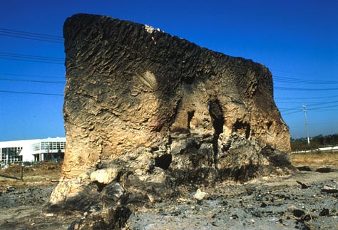 Images of a 10 foot tall clay structure, before, during burning, and after burning