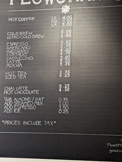 A gallery of pictures, of the menu, a wall design, latte art, and a coffee bag