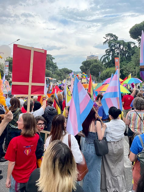 Placards, banners and Pride flags in different areas of Tirana - all in bright colours and with a crowd of people.