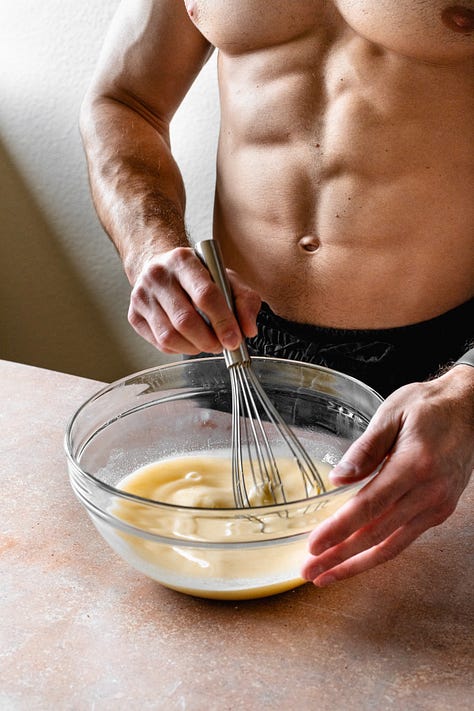 Shirtless man in black pants makes vegan lemon curd step-by-step process shots